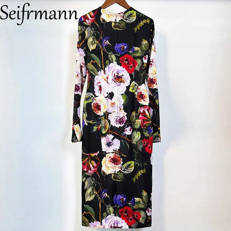 Side view of the Midnight Floral Silk Dress, perfect for showcasing stylish heels or flats.