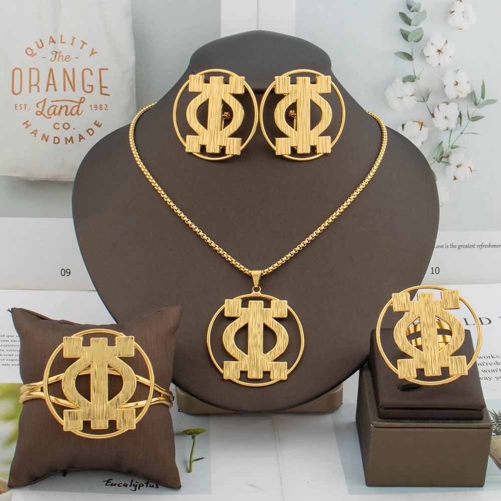 African Gold Clip Earrings, Round Bracelet & Necklace 4PCS Jewelry Set