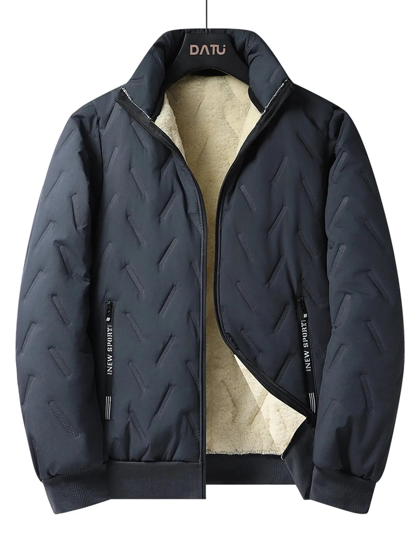 Chill-Defying Jacket displayed on a hanger, emphasizing its stylish winter coat design for men and women.