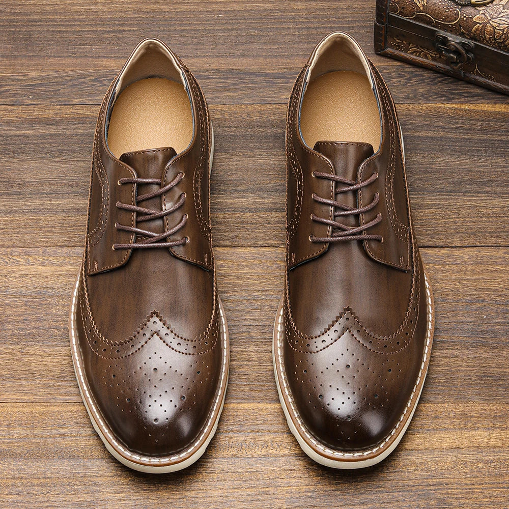 Men's leather brogue shoes featuring decorative perforations and durable rubber outsole for all-day comfort