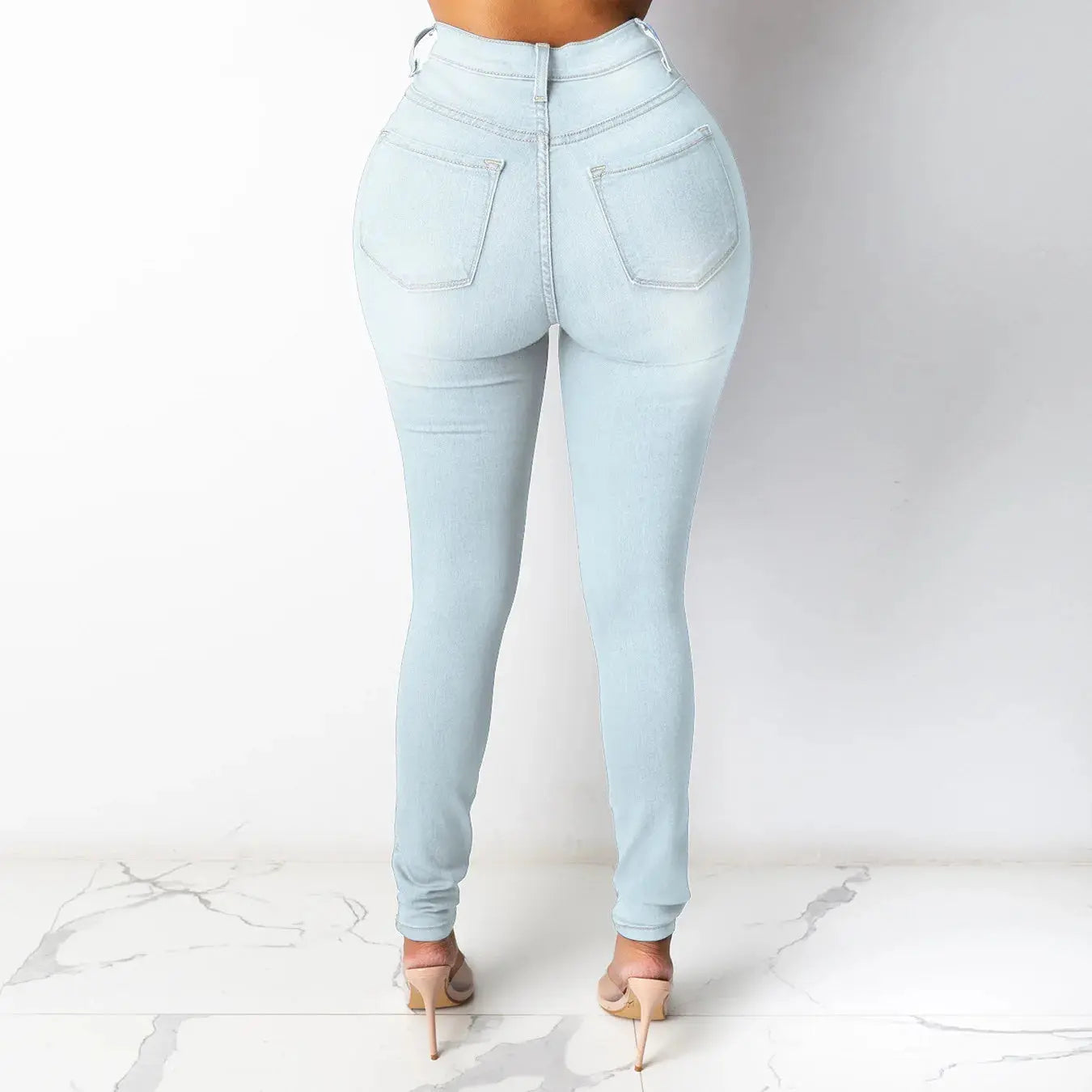 Close-up of high-waist denim showcasing soft cotton blend and elastane for all-day comfort.