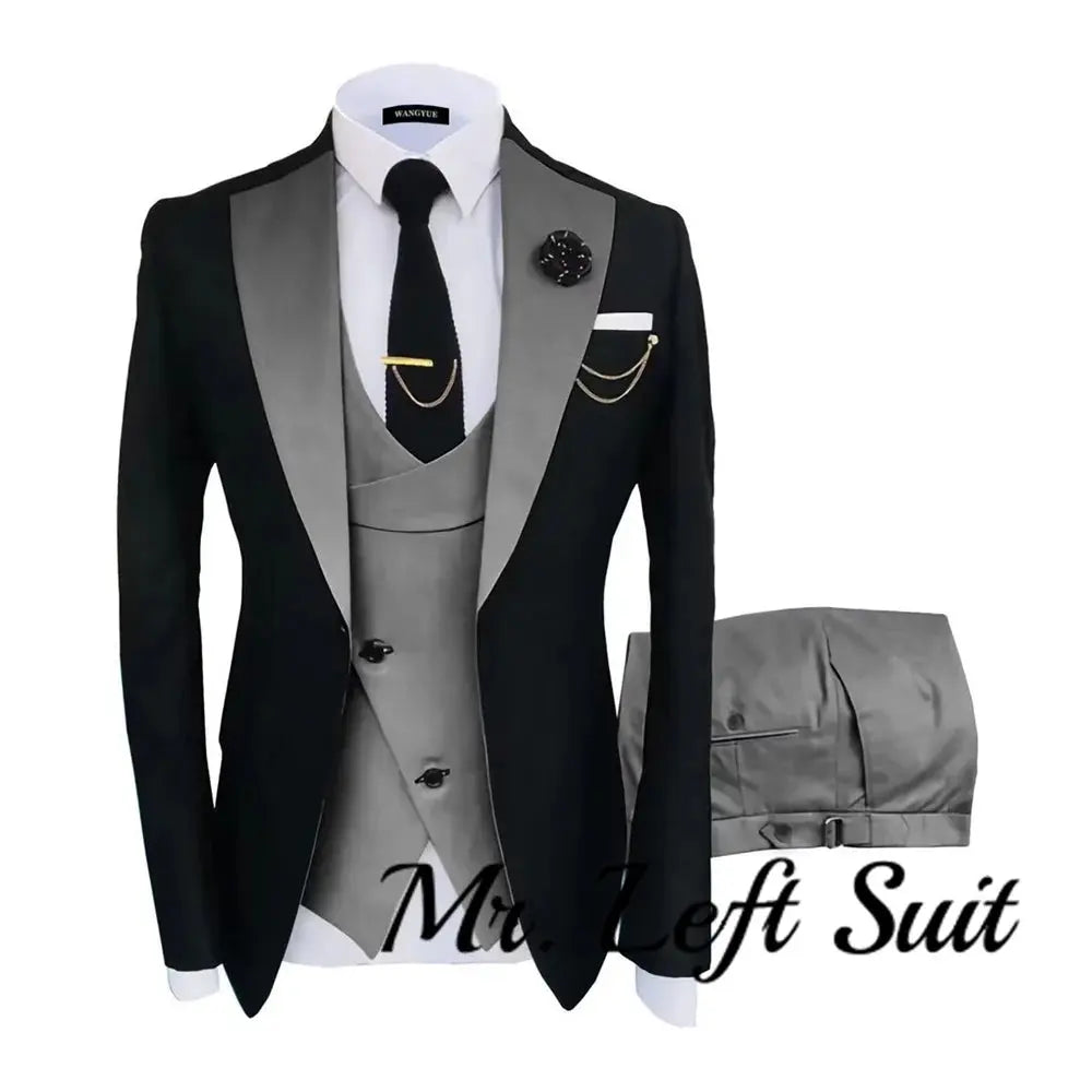 Model adjusting the cuff of the sharp tailored suit set, showcasing its fit.