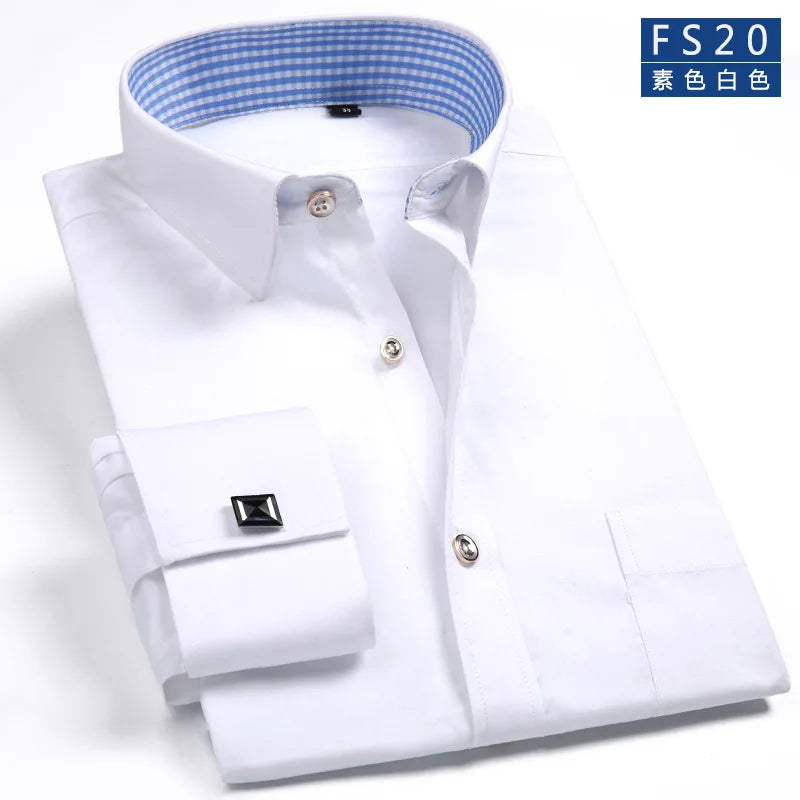 Four color options of French cuff shirts displayed together white black blue purple
