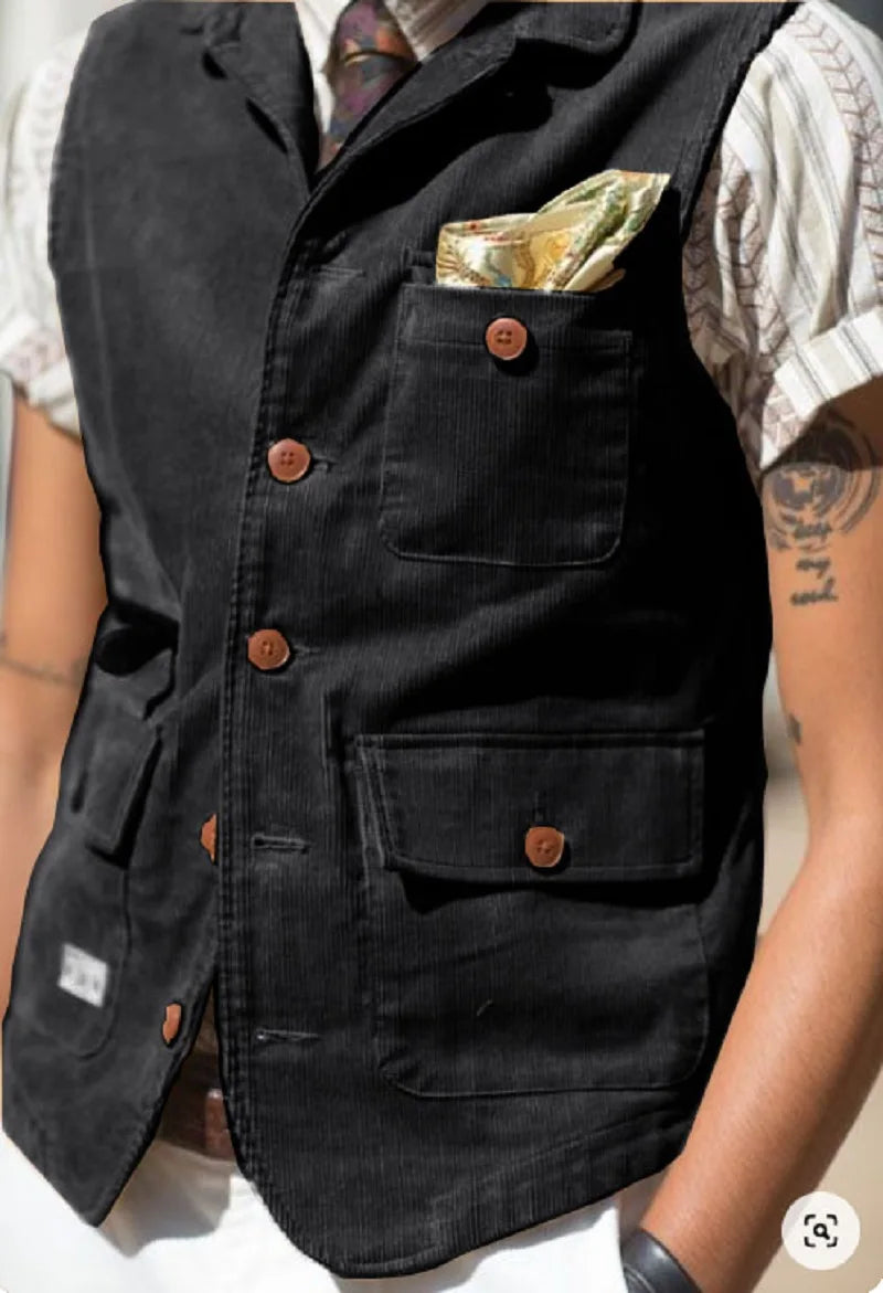 Back view of the tailored corduroy vest showcasing its sharp silhouette.