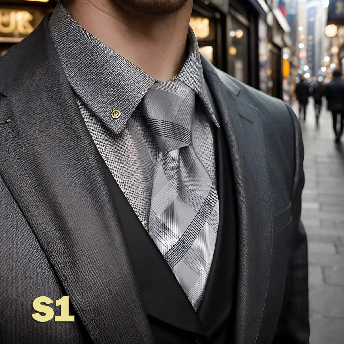 Bold purple tie with intricate patterns, ideal for commanding the room.