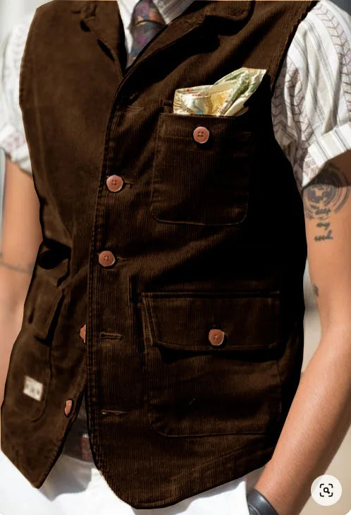 Corduroy vest paired with a cozy turtleneck for year-round versatility.