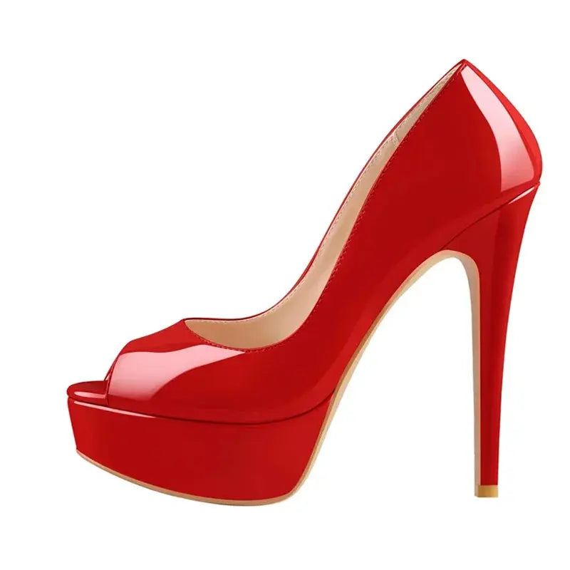 Classic nude platform stiletto heels with glossy patent leather and sophisticated peep toe