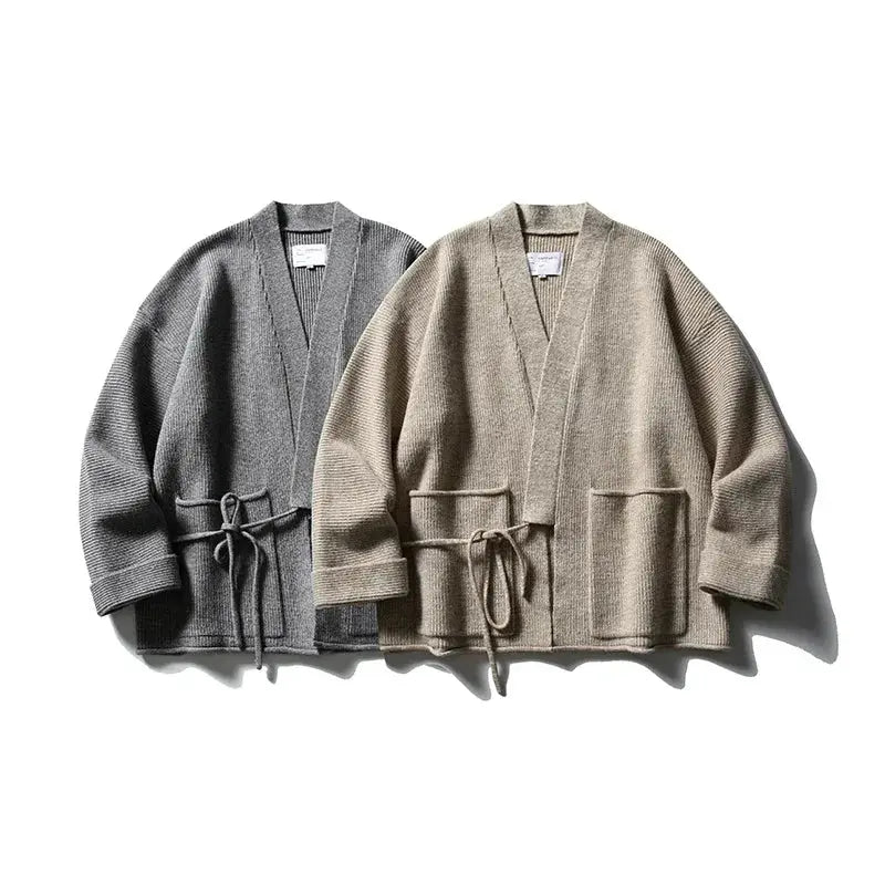 Urban Zen kimono cardigan in solid color, showcasing its thick woven texture and unique button closure.