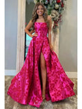 Fuchsia Flair Prom Dress displayed on a hanger, showcasing its vibrant color and luxurious satin material.
