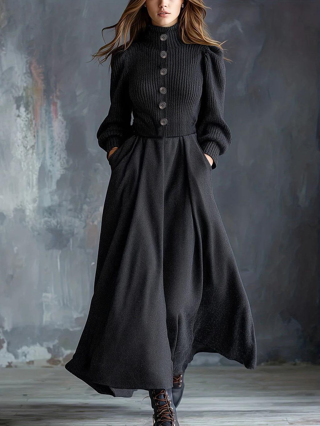 Model wearing Black Knit Maxi Dress, highlighting its flattering loose waistline and modern silhouette.
