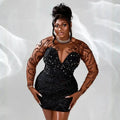 Midnight Whispers Lace Dress in black with intricate lace and sheer bodice, perfect for elegant evenings.