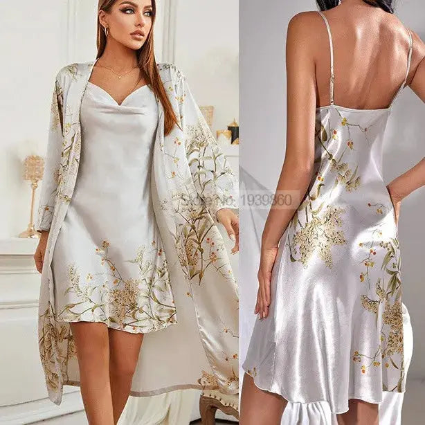 Elegant cherry blossom print on the nightdress, perfect for evening relaxation.