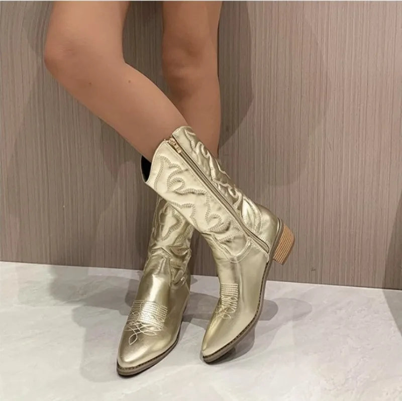 Mid-calf embroidered boots with stable square heel and premium leather construction