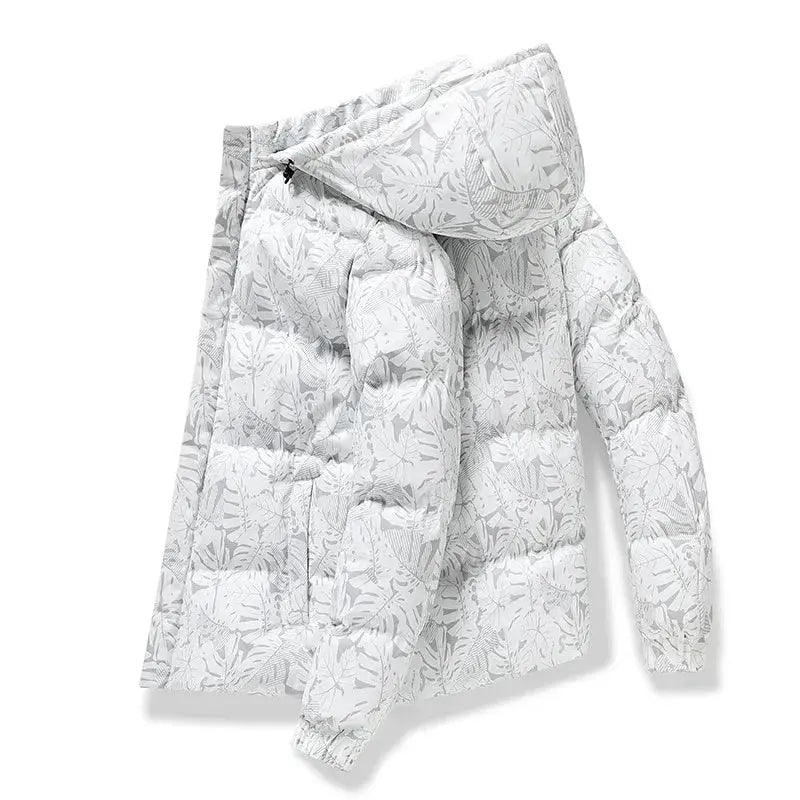 Men's camouflage winter jacket with detachable hood for versatile warmth.
