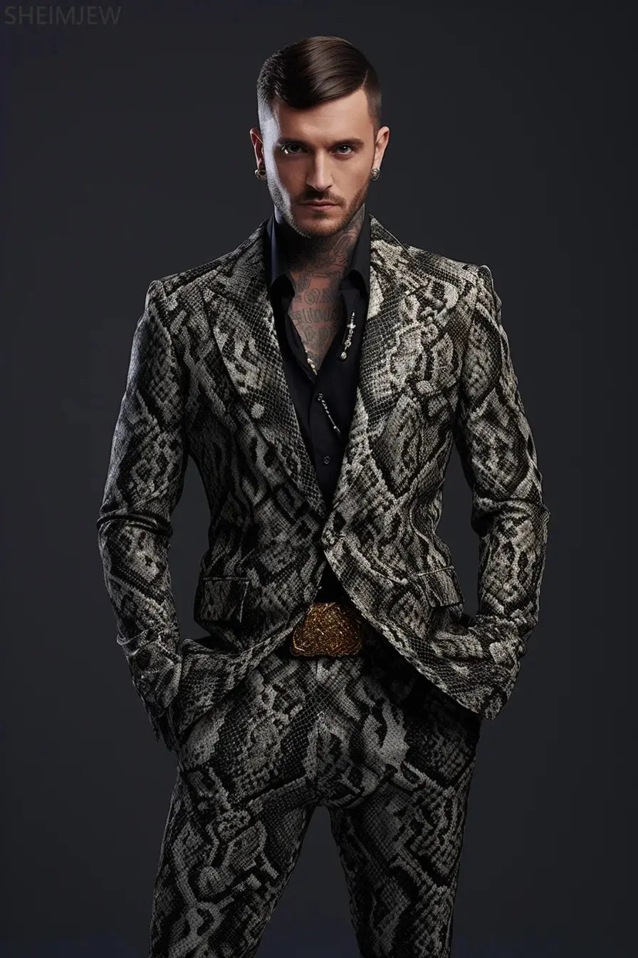 Crocodile-patterned suit in deep green, showcasing bold texture and unique design for standout fashion.