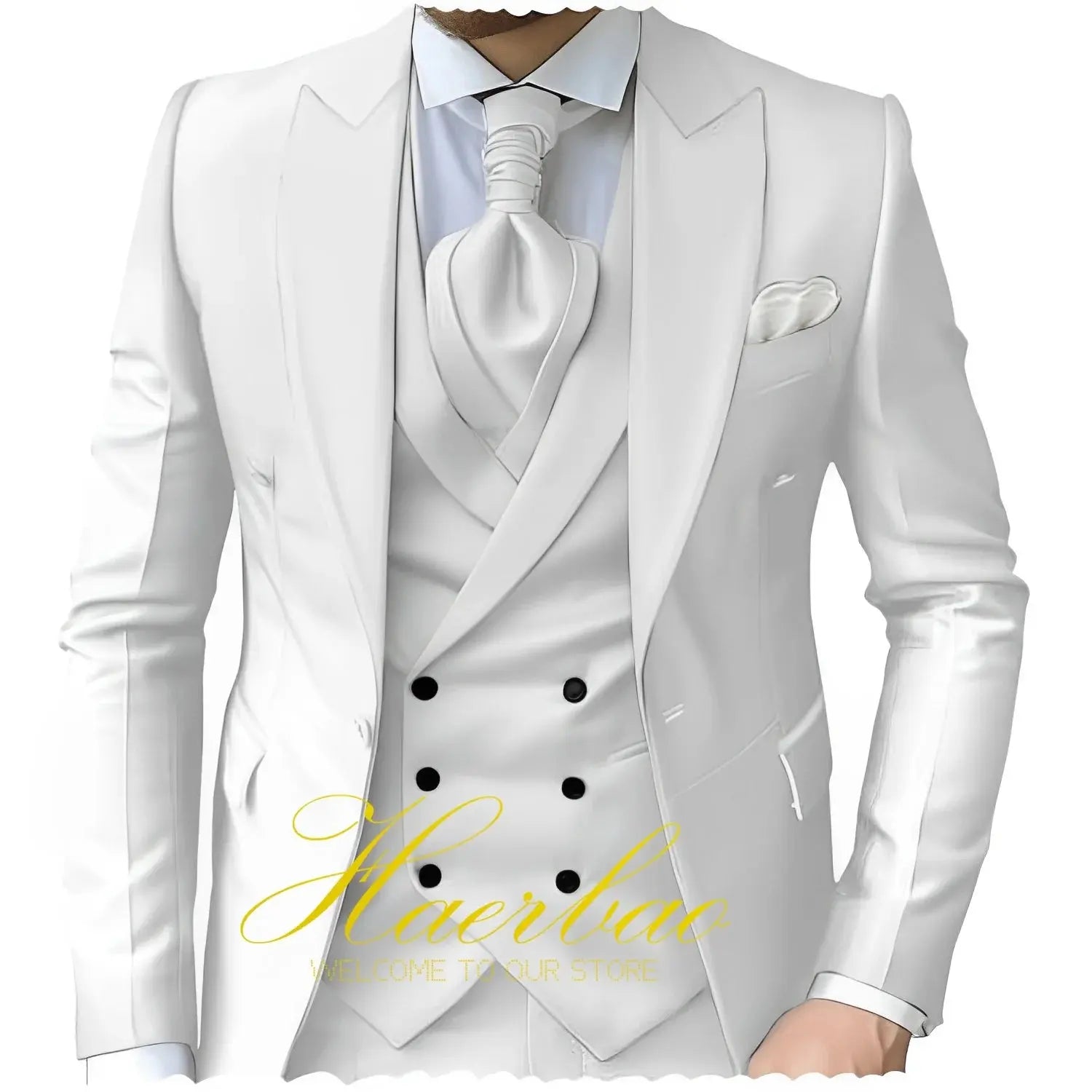 Pleated trousers of the navy three-piece suit, showcasing modern fit and mobility.