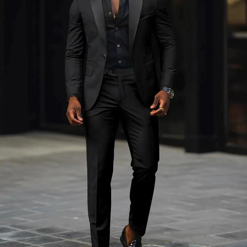 Model wearing a stylish business suit, exuding confidence in a boardroom.