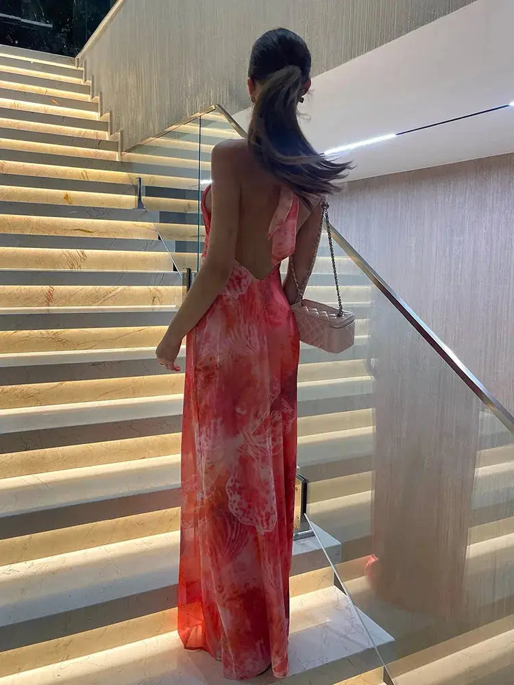 Printed mesh halter dress with medium stretch fabric and slim-fit silhouette for clubwear