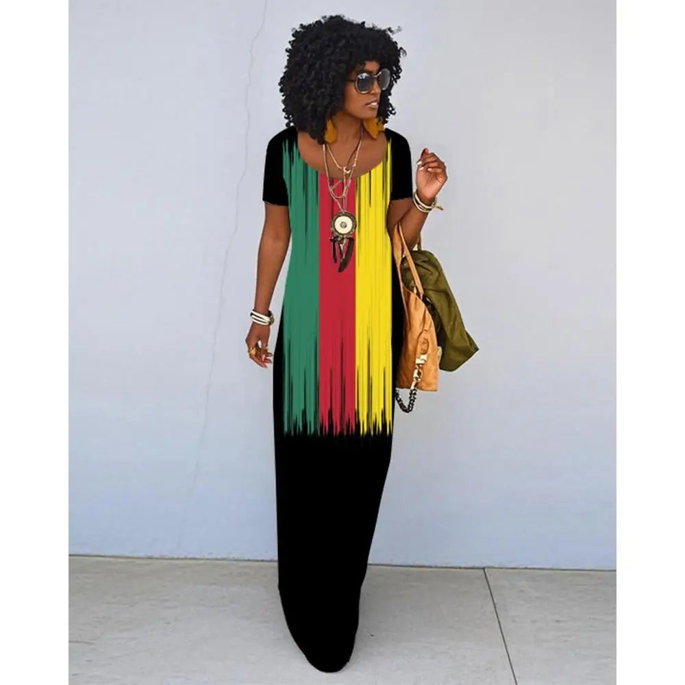 African Ethnic Print Retro Slim Short-Sleeve Long Dress