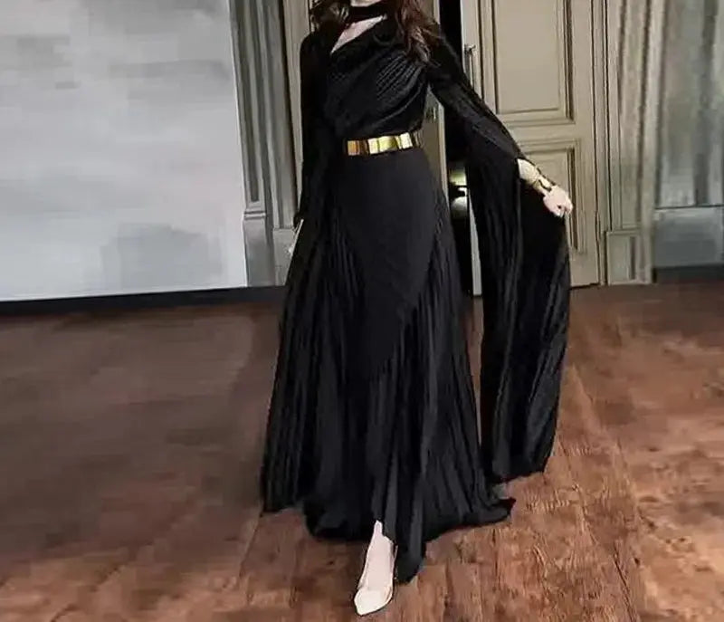 Side view of the Twilight Cascade gown, emphasizing the split feature and elegant drape.