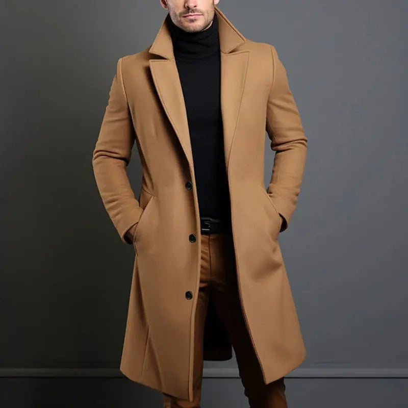 Men's sleek winter trench coat in dark navy, tailored for a sharp silhouette.