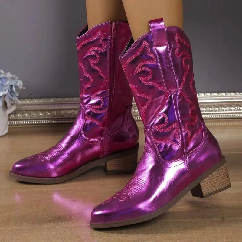 Women's leather cowboy boots with detailed Western stitching and comfortable fit
