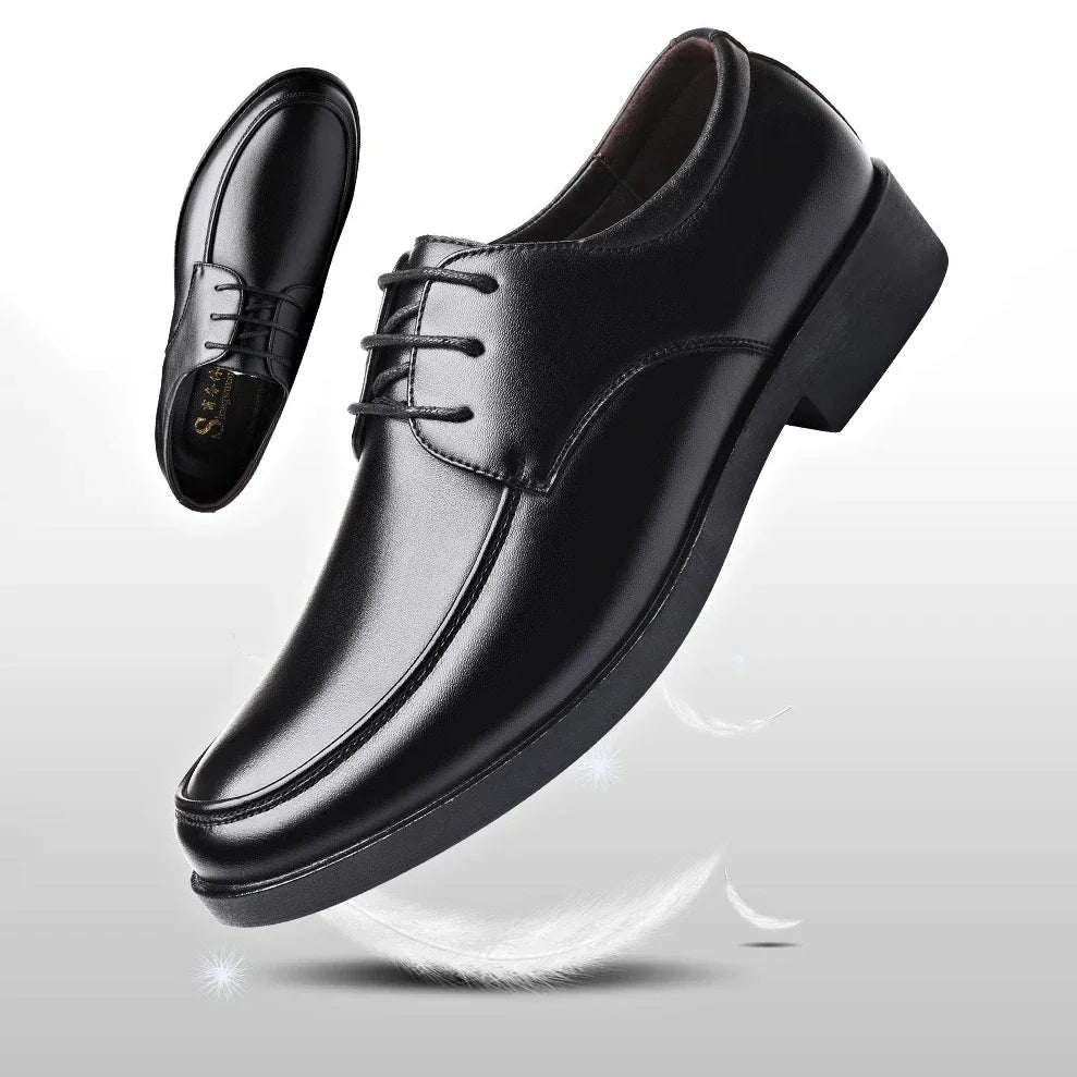 Side view of Italian leather dress shoes with a robust rubber outsole, emphasizing durability and style.