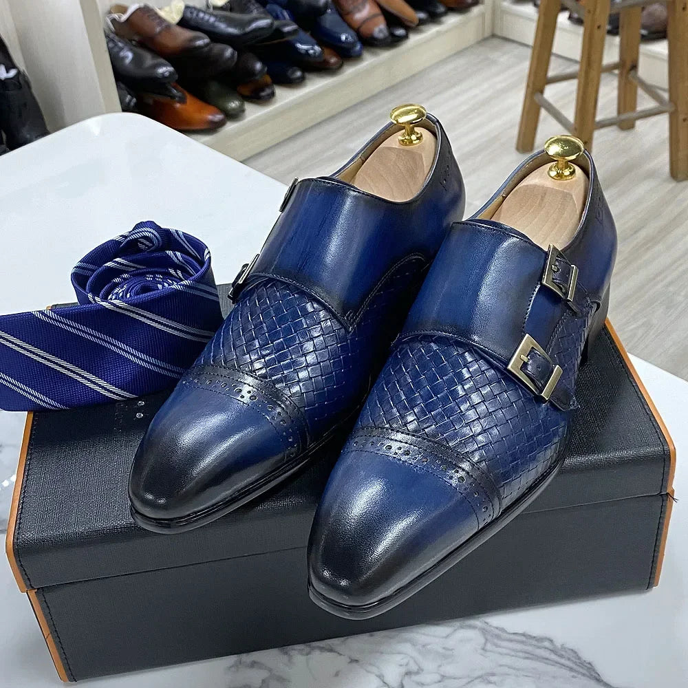 Black genuine cow leather monk strap shoes with double buckle design.