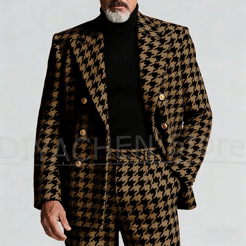 Back view of the tailored houndstooth suit, highlighting the peak lapel design.