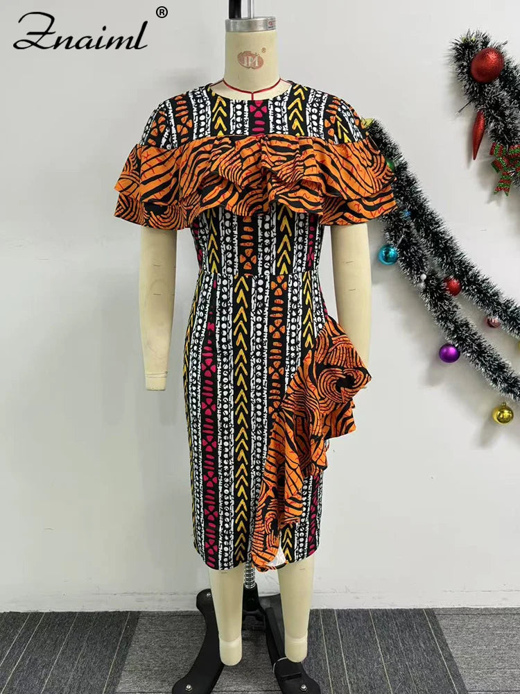 African Festival Print Ruffles Bodycon Midi Dress