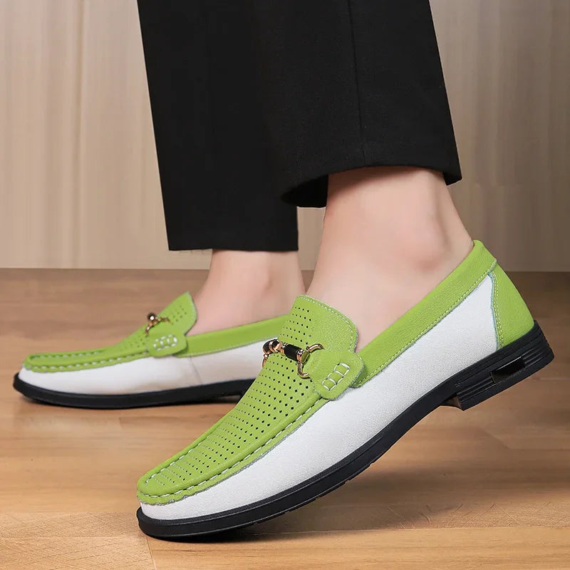 Genuine leather moccasin-style slip-on shoes in tan brown color