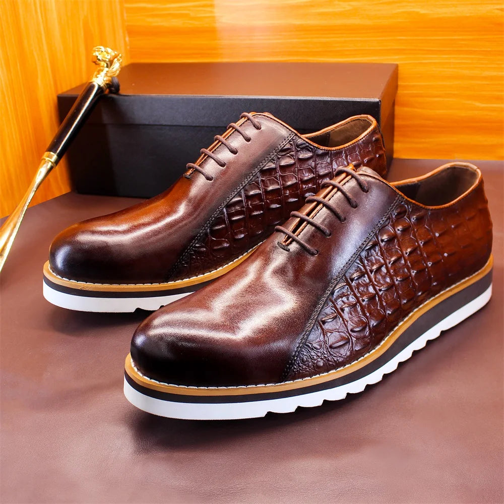 Waterproof crocodile-textured leather oxfords with height-enhancing insole and rubber outsole
