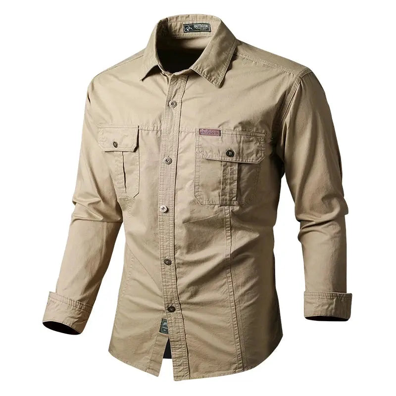 Refined Cotton Commander Shirt in navy blue with sharp turn-down collar and single-breasted closure.