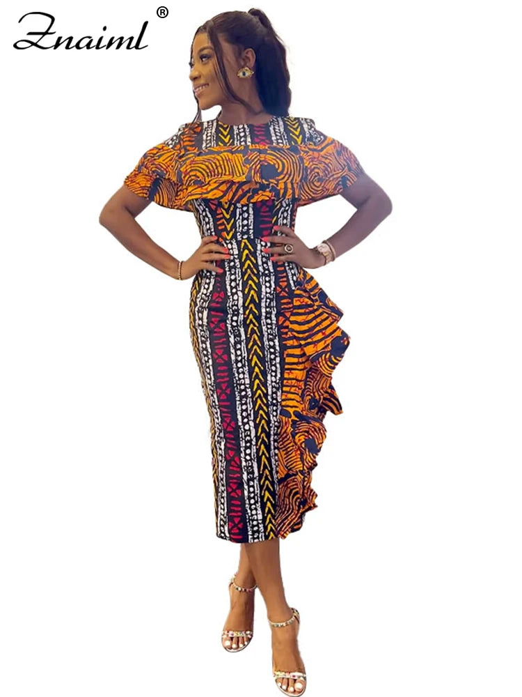 African Festival Print Ruffles Bodycon Midi Dress