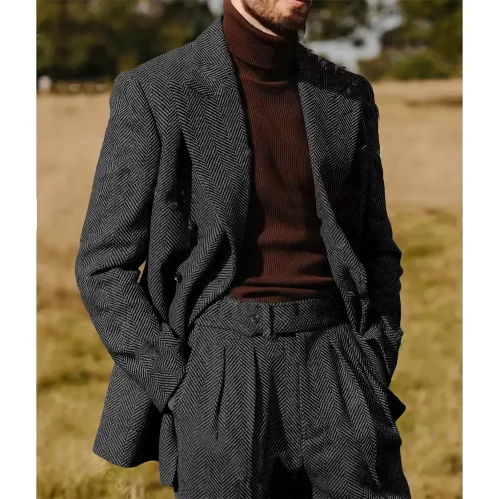 Detail shot of the suit's buttons and lapel, showcasing classic sophistication.