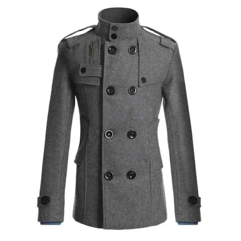 Detail shot of the durable fabric texture of the men's wool coat.