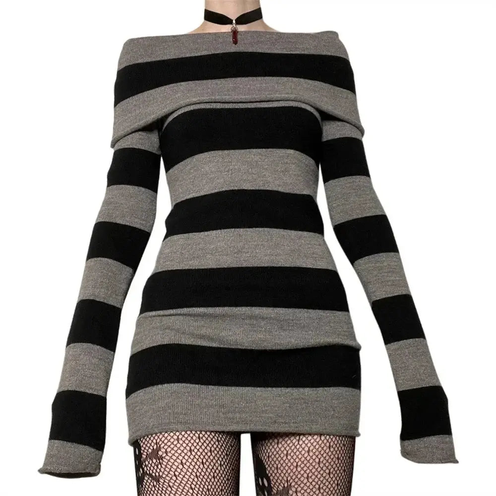 Model twirling in the Midnight Confidence Striped Bodycon Dress, showcasing its movement and elegance.