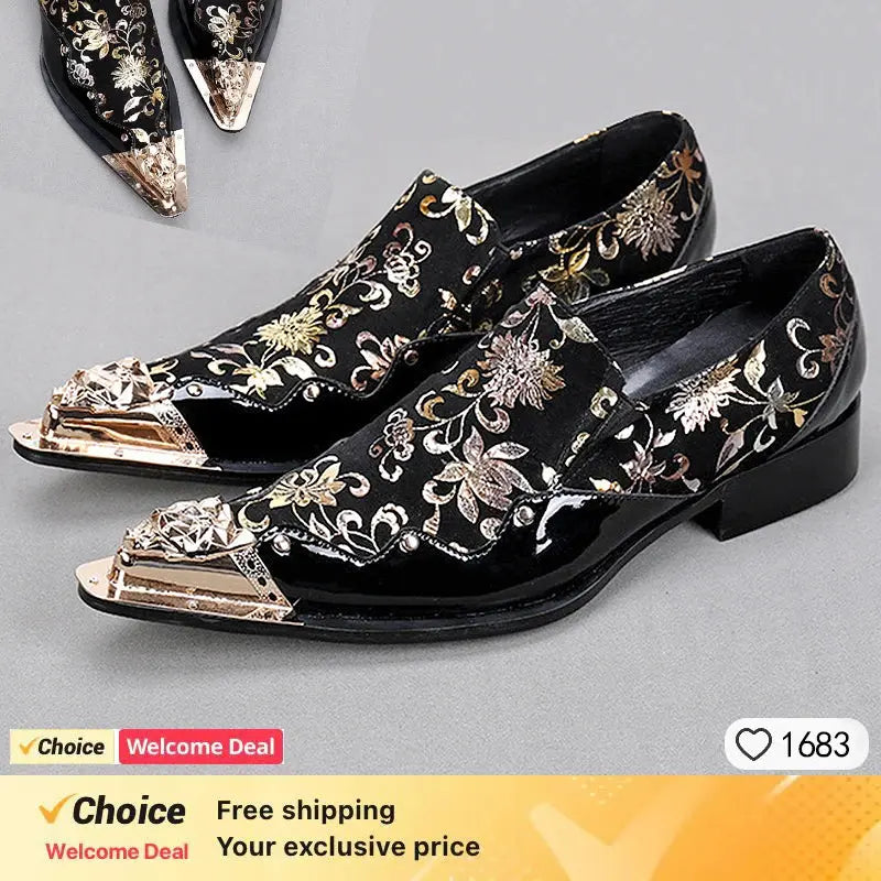 Formal metallic shoes with sharp pointed toe and premium full-grain leather craftsmanship