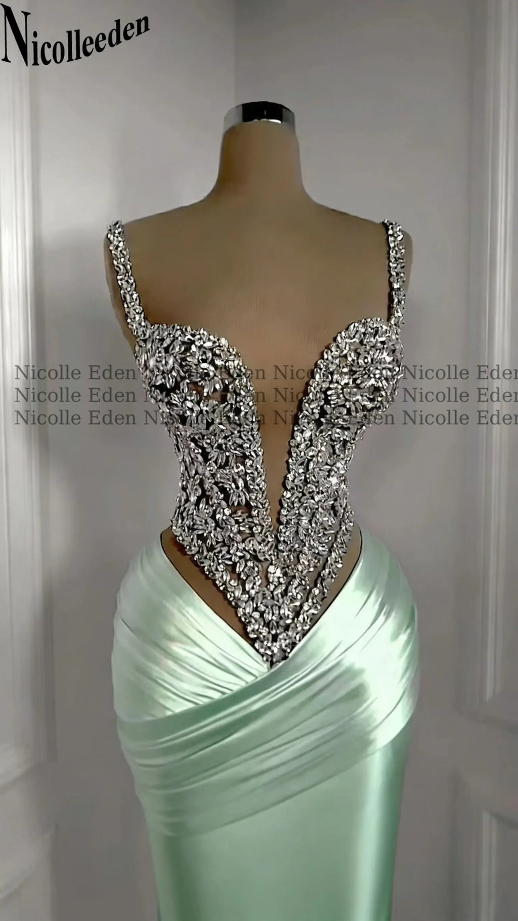 Detail of the sweetheart neckline on the Rhinestone Gala Gown, emphasizing its elegant design.