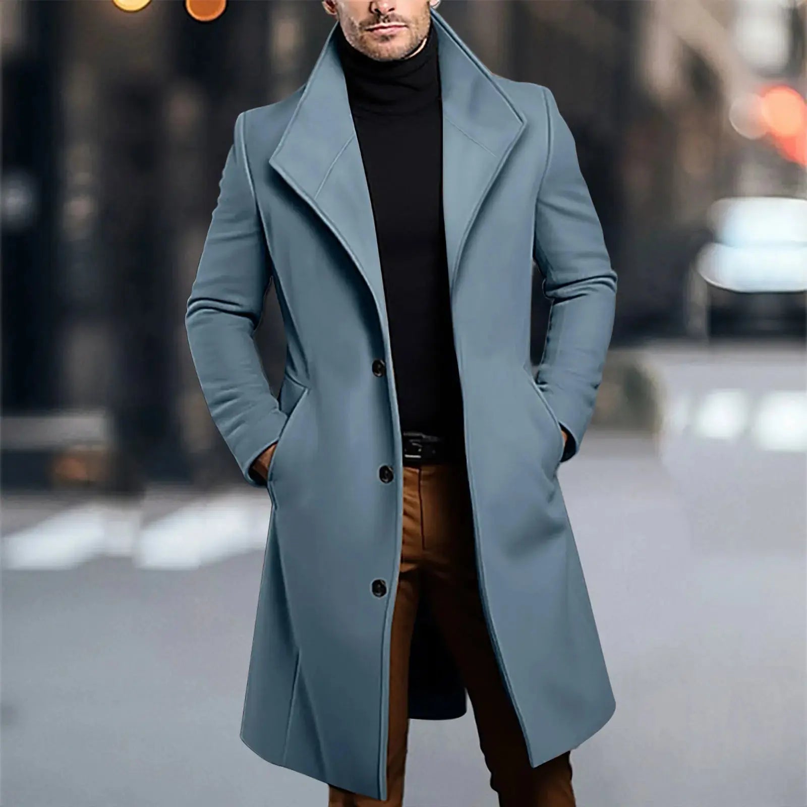 Model adjusting the collar of the coat, demonstrating its professional attire suitability.