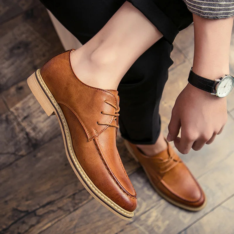 Side view of genuine leather derby dress shoes with cushioned sole for all-day comfort
