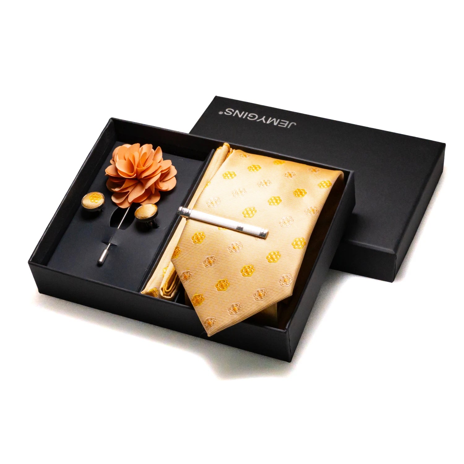 Five-piece silk tie collection with matching pocket square and elegant cufflinks