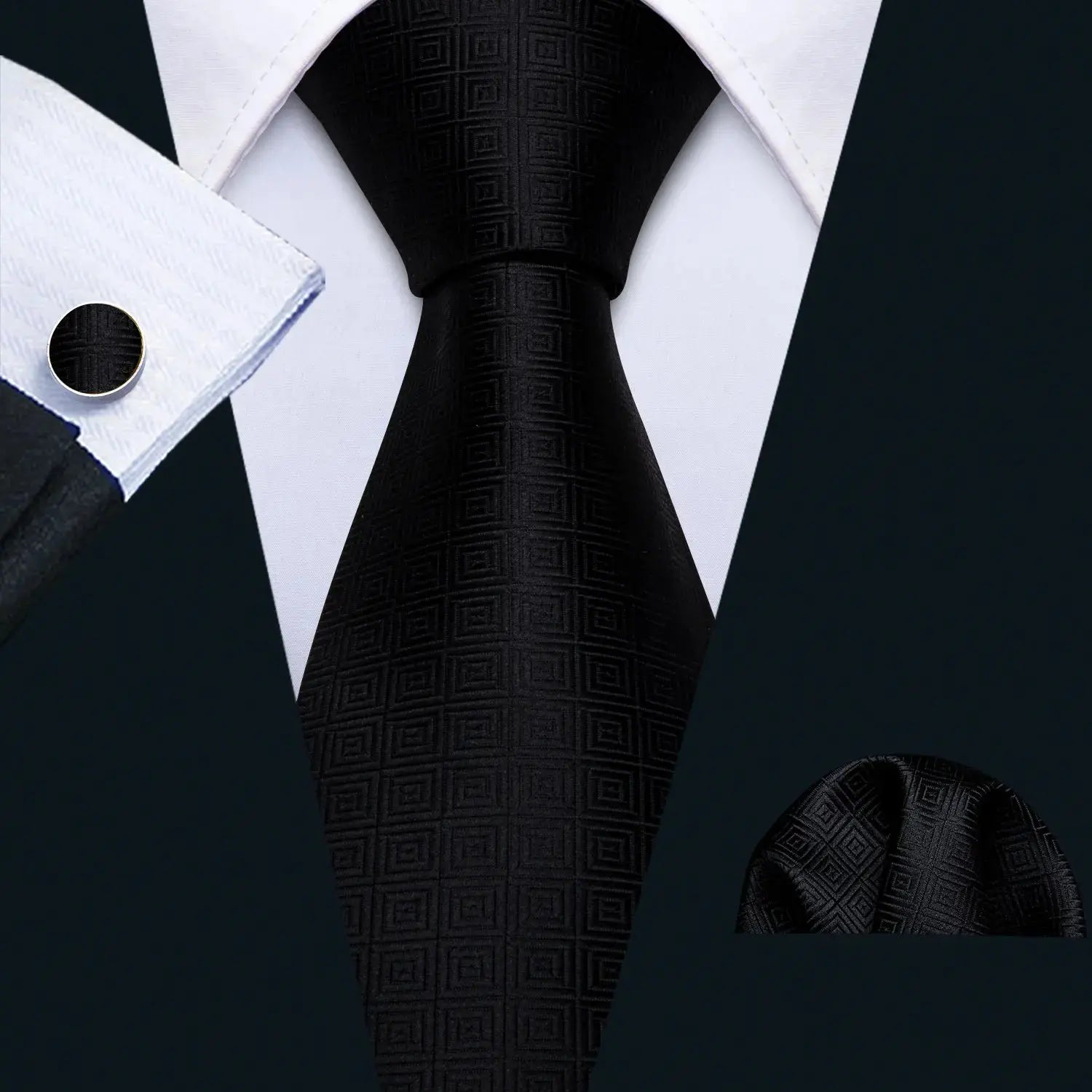 Men's formal black silk tie set with handkerchief and cufflinks
