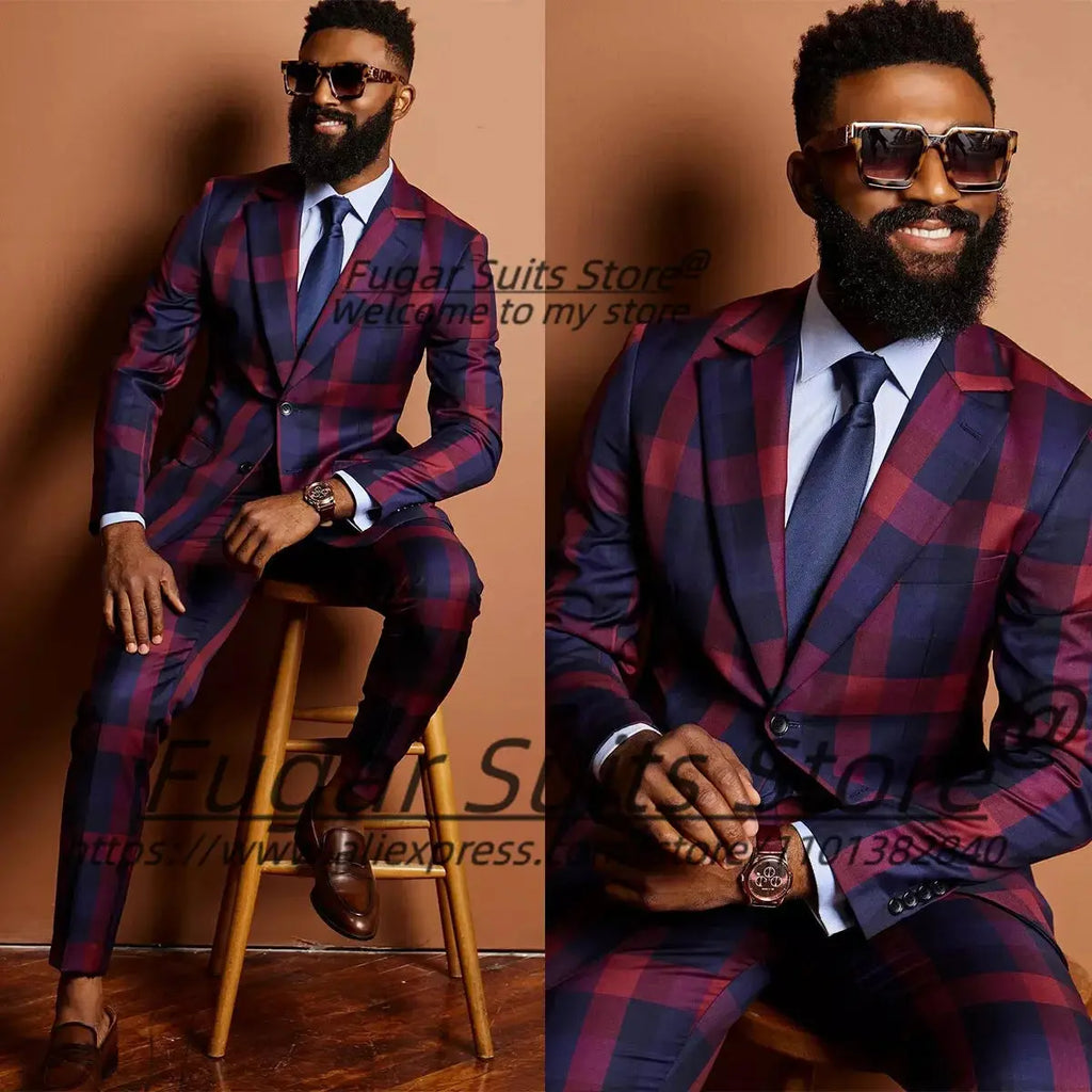 Charisma Plaid Prom Suit in navy and green plaid with notched lapel and tailored fit.