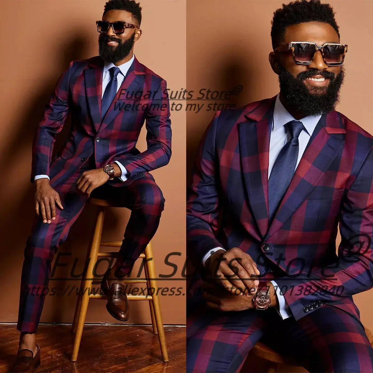 Charisma Plaid Prom Suit in navy and green plaid with notched lapel and tailored fit.