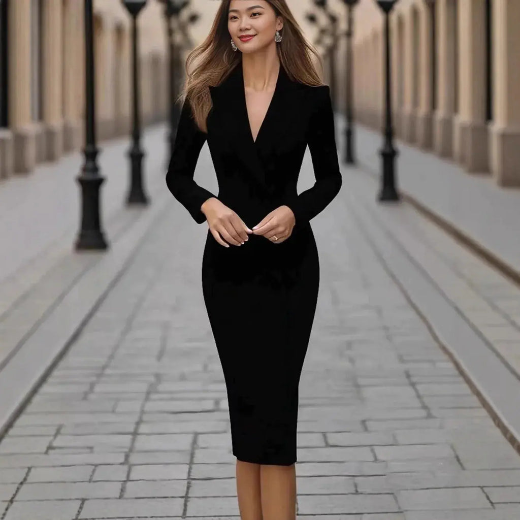 Model wearing a fitted navy sheath dress, perfect for professional gatherings.