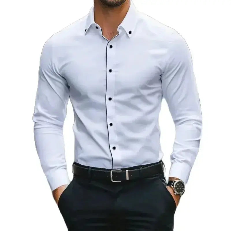 Flat lay of the Resolute White Shirt, emphasizing its classic design and color.