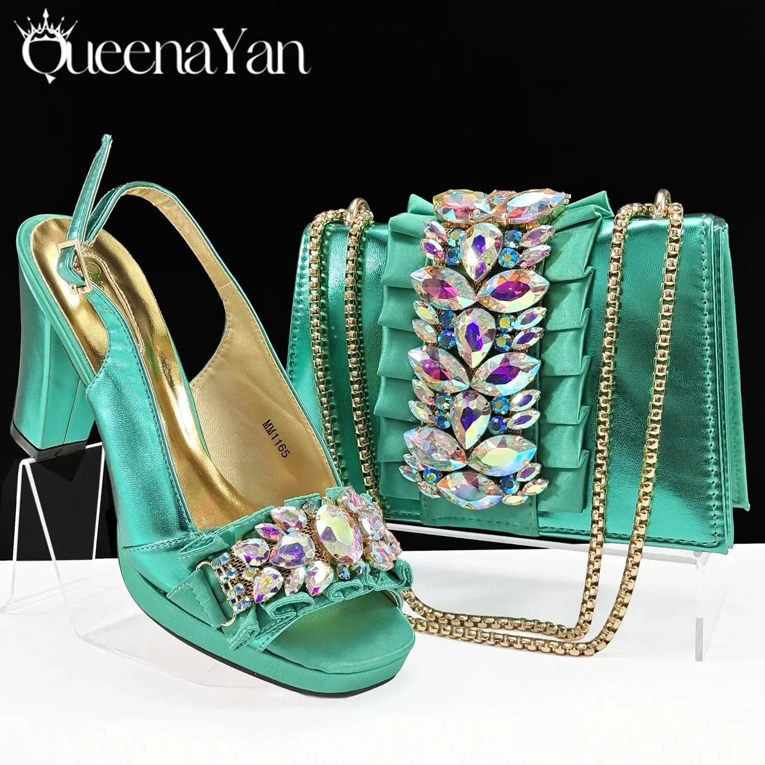 Enchanting emerald heels with sparkling rhinestones, perfect for confident dressing.