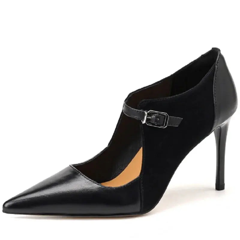 Formal leather slingback heels with pointed toe and secure adjustable strap in timeless style