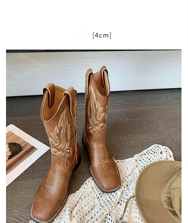 Embroidered mid-calf boots with square toe design perfect for fall and spring wear